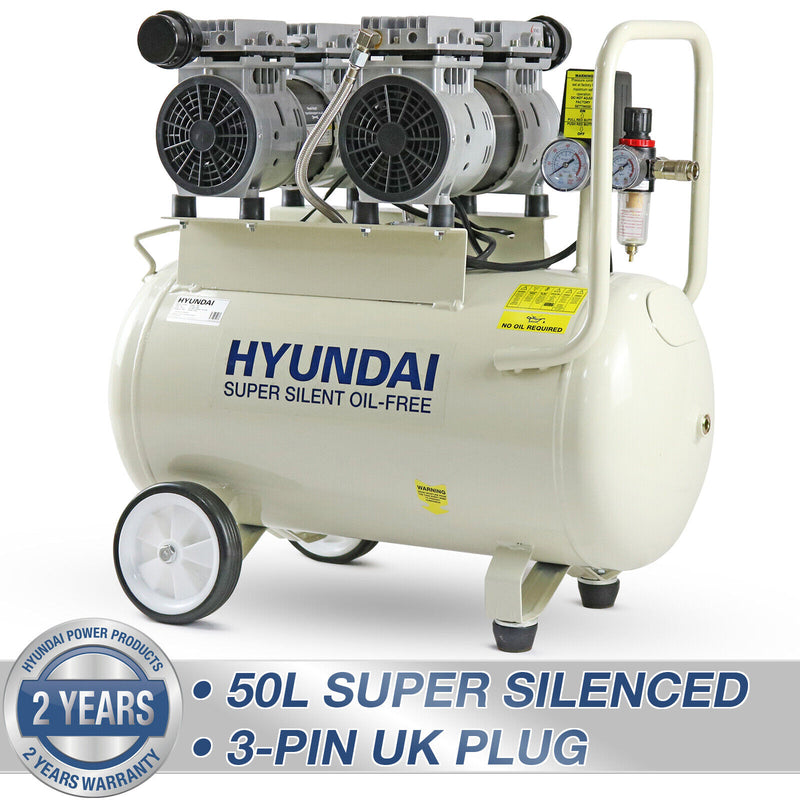 Hyundai HY27550 Silent Air Compressor 50L 2x 750w 2HP 100PSI 7BAR Oil Free