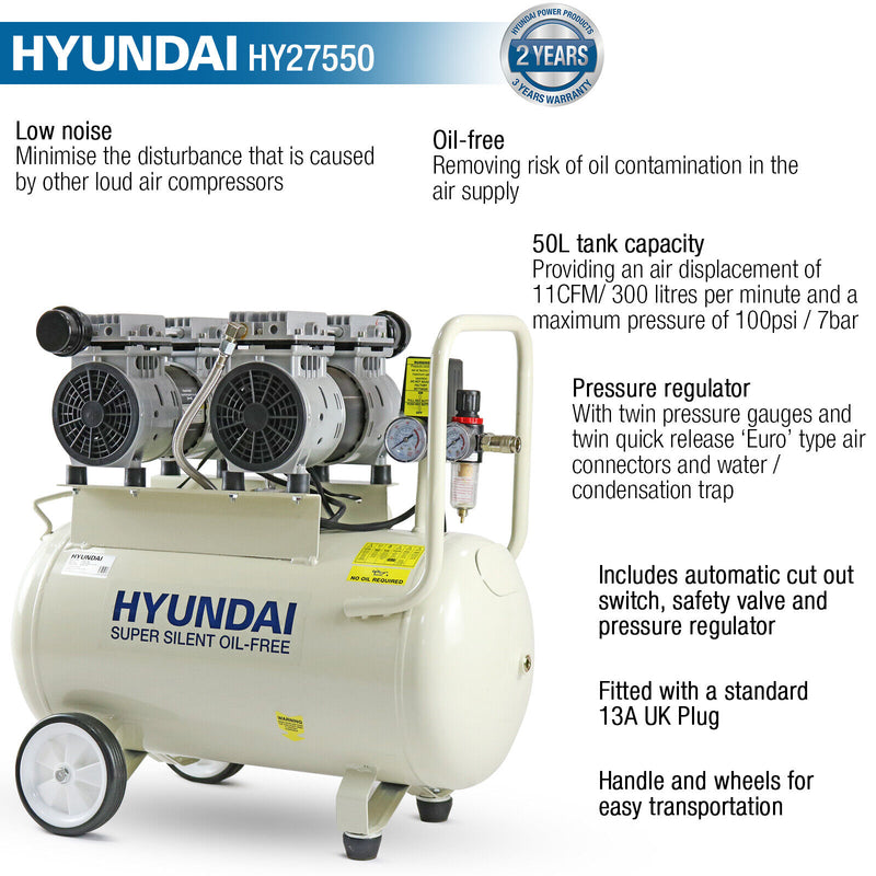 Hyundai HY27550 Silent Air Compressor 50L 2x 750w 2HP 100PSI 7BAR Oil Free