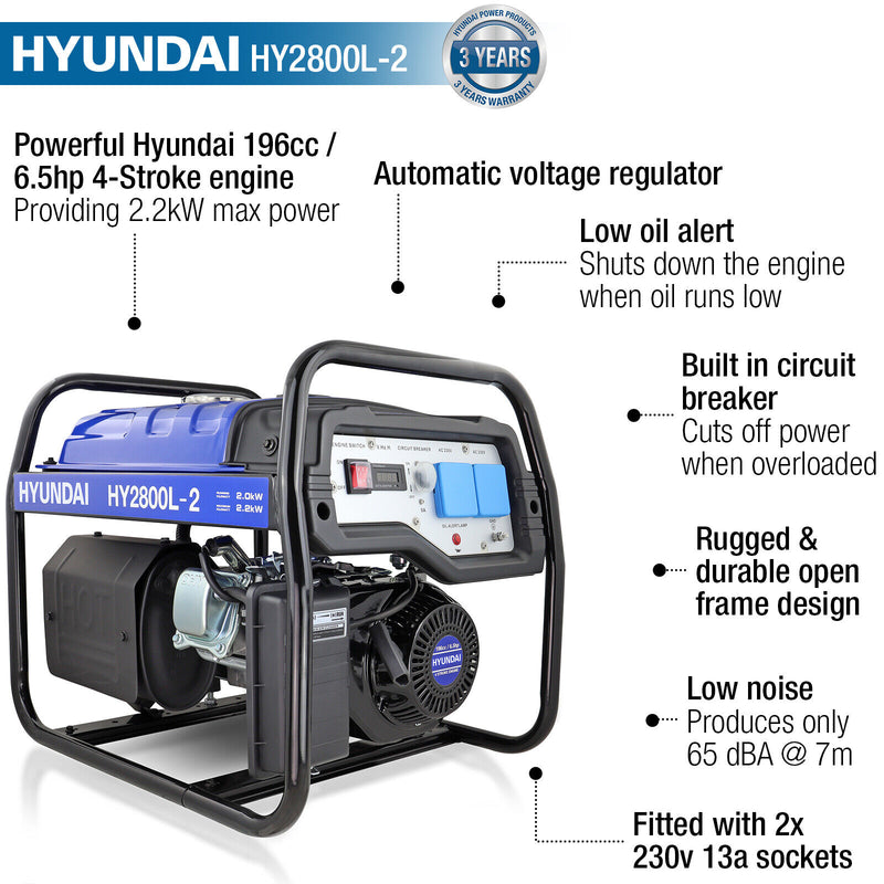 Hyundai HY2800L-2 Petrol Generator 2200W Recoil Start 2.2kW 2.8kVA Portable low noise