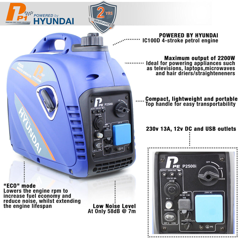 P1 2200W Portable Petrol Suitcase Inverter Generator (Powered by Hyundai) P2500i