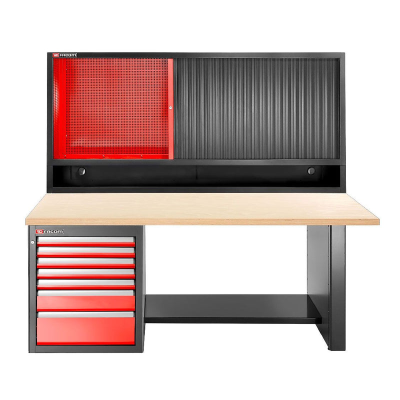 Facom JLS3-2MW7DSCL JETLINE+ 2m LOW Wooden Work Bench, 7 Drawer 3 Mod Base Unit & Top Unit With Shutter