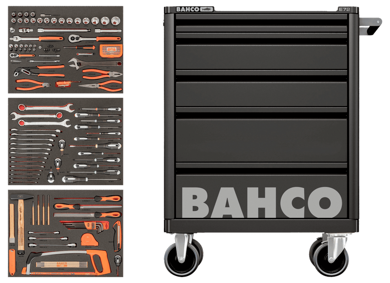 Bahco BASIC 158pce Foam Inlay Tool Kit in E72 5 Drawer Black Roller Cabinet