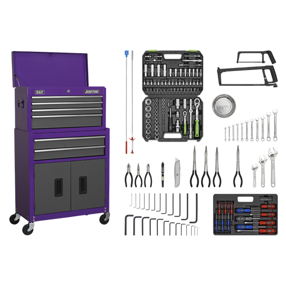 Sealey AP2200COMBOCP Topchest & Rollcab Combination 6 Drawer with Ball-Bearing Slides - Purple/Grey & 128pc Tool Kit