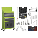 Sealey AP2200COMBOHV Topchest & Rollcab Combination 6 Drawer with Ball-Bearing Slides - Hi-Vis Green/Grey & 128pc Tool Kit