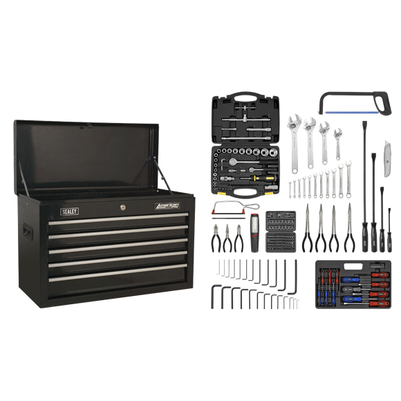 Sealey AP225BCOMBO 5 Drawer Topchest with Ball-Bearing Slides - Black & 230pc Tool Kit