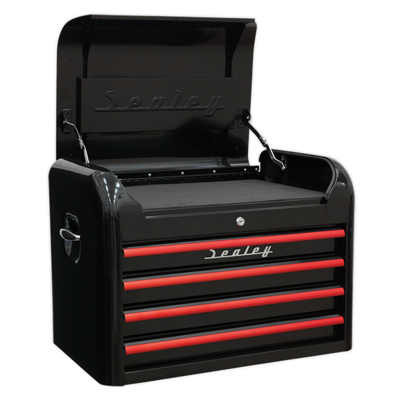 Sealey AP28104BR 4 Drawer Retro Style Topchest - Black with Red Anodised Drawer Pulls