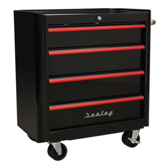 Sealey AP28204BR 4 Drawer Retro Style Rollcab - Black with Red Anodised Drawer Pulls