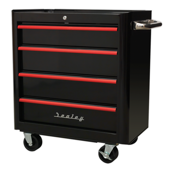 Sealey AP28204BR 4 Drawer Retro Style Rollcab - Black with Red Anodised Drawer Pulls