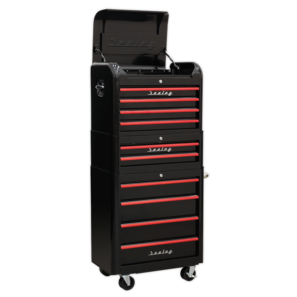 Sealey AP28COMBO2BR 10 Drawer Retro Style Topchest, Mid-Box & Rollcab Combination - Black with Red Anodised Drawer Pulls