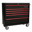 Sealey AP41206BR 6 Drawer Wide Retro Style Rollcab - Black with Red Anodised Drawer Pulls