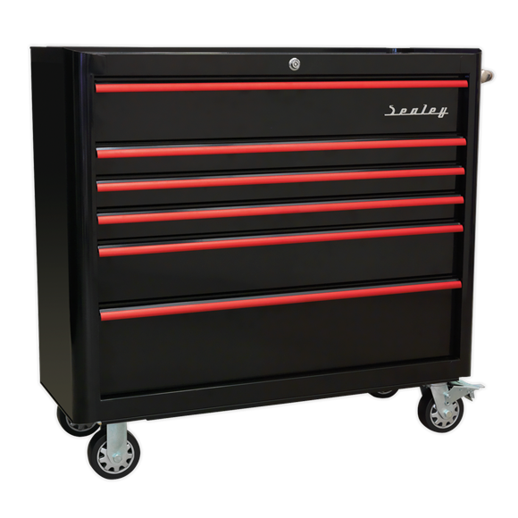 Sealey AP41206BR 6 Drawer Wide Retro Style Rollcab - Black with Red Anodised Drawer Pulls