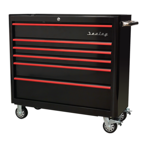 Sealey AP41206BR 6 Drawer Wide Retro Style Rollcab - Black with Red Anodised Drawer Pulls