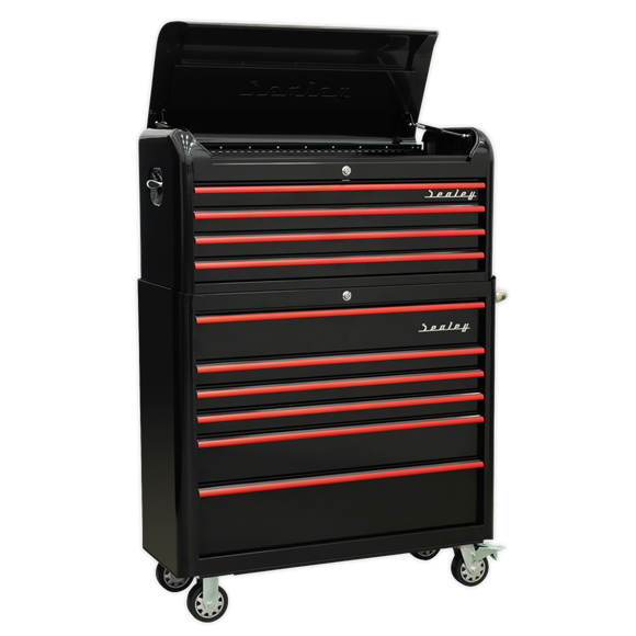 Sealey AP41COMBOBR 10 Drawer Retro Style Extra-Wide Topchest & Rollcab Combination-Black with Red Anodised Drawer Pull