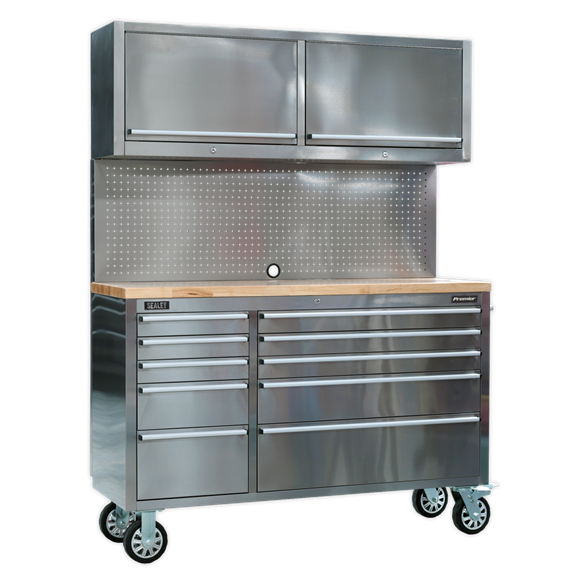 Sealey AP5520SS 10 Drawer & 2 Wall Cupboard Stainless Steel Mobile Tool Cabinet with Backboard