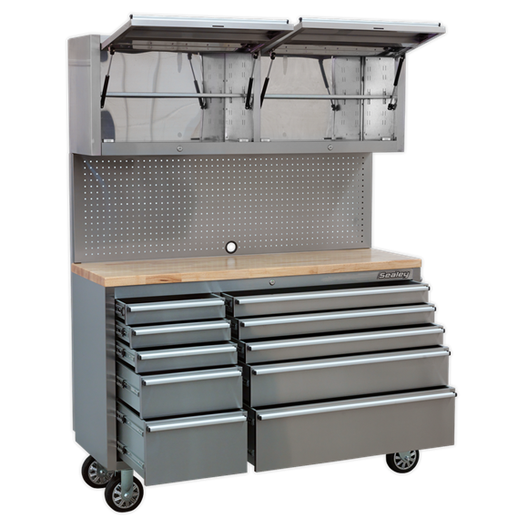 Sealey AP5520SS 10 Drawer & 2 Wall Cupboard Stainless Steel Mobile Tool Cabinet with Backboard
