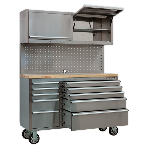 Sealey AP5520SS 10 Drawer & 2 Wall Cupboard Stainless Steel Mobile Tool Cabinet with Backboard