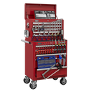 Sealey APCOMBOBBTK55 10 Drawer Red Topchest & Rollcab Combination with Ball Bearing Slides & 147pc Tool Kit