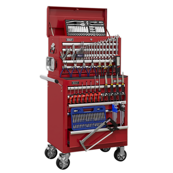 Sealey APCOMBOBBTK55 10 Drawer Red Topchest & Rollcab Combination with Ball Bearing Slides & 147pc Tool Kit