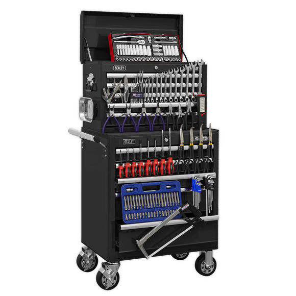 Sealey APCOMBOBBTK56 10 Drawer Black Topchest & Rollcab Combination with Ball Bearing Slides & 147pc Tool Kit