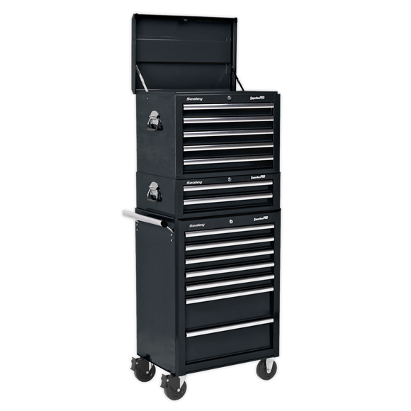 Sealey APSTACKTB 14 Drawer Topchest, Mid-Box & Rollcab Combination with Ball-Bearing Slides - Black