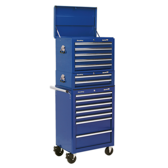 Sealey APSTACKTC 14 Drawer Topchest, Mid-Box & Rollcab Combination with Ball-Bearing Slides - Blue