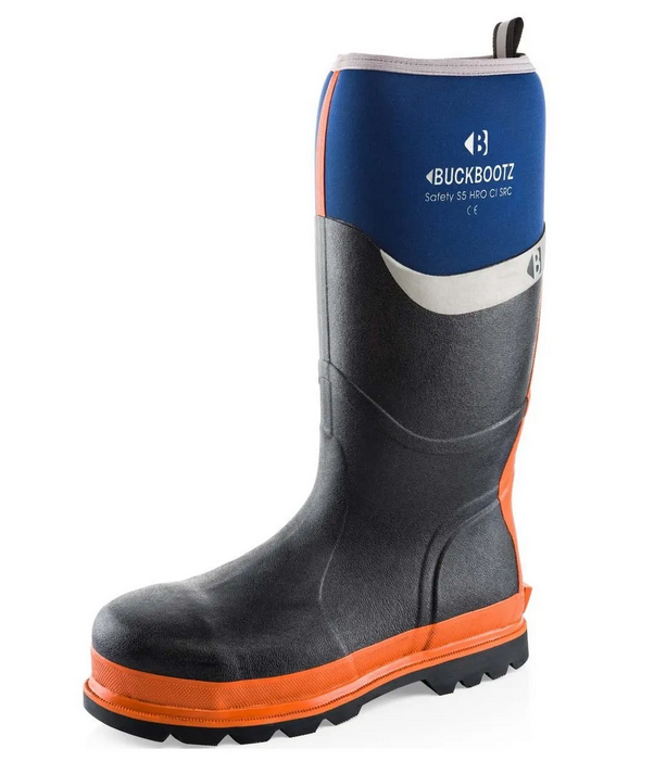 Buckbootz BBZ6000 Blue/Orange Neoprene/Rubber Heat and Cold Insulated Safety Wellington Boot