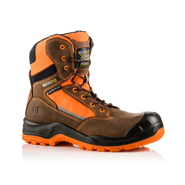 Buckbootz BVIZ1 Orange/Brown 360 High Visibility Metal Free Waterproof Safety Lace/Zip Boot