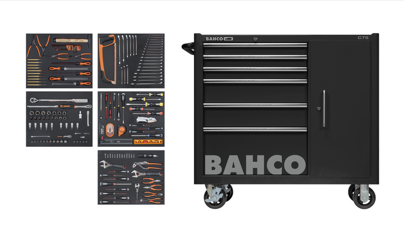 Bahco 1475KXL6CBK-FF6 187pce Foam Inlay General Purpose Tool Kit Tool in C75 40″ XL 6 Drawer Mobile Roller Cabinet