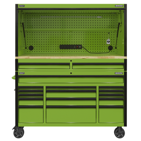Sealey AP6115BECOMBO1 15 Drawer 1549mm Mobile Trolley with Wooden Worktop and Hutch and 2 Drawer Riser