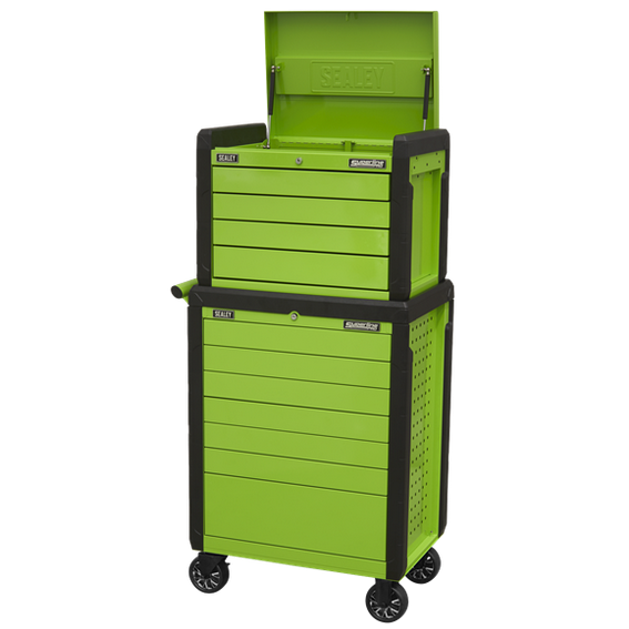 Sealey APPDSTACKG Hi-Vis Green 11 Drawer Push-To-Open Topchest & Rollcab Combination
