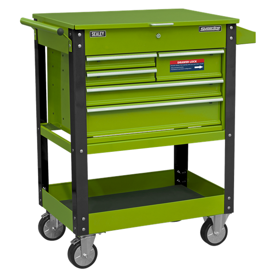 Sealey AP890MHV Heavy-Duty Mobile Tool & Parts Trolley with 5 Drawers & Lockable Top - Hi-Viz Green