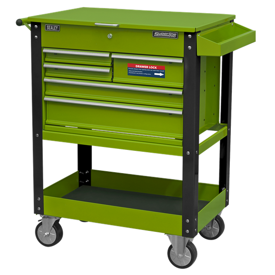 Sealey AP890MHV Heavy-Duty Mobile Tool & Parts Trolley with 5 Drawers & Lockable Top - Hi-Viz Green