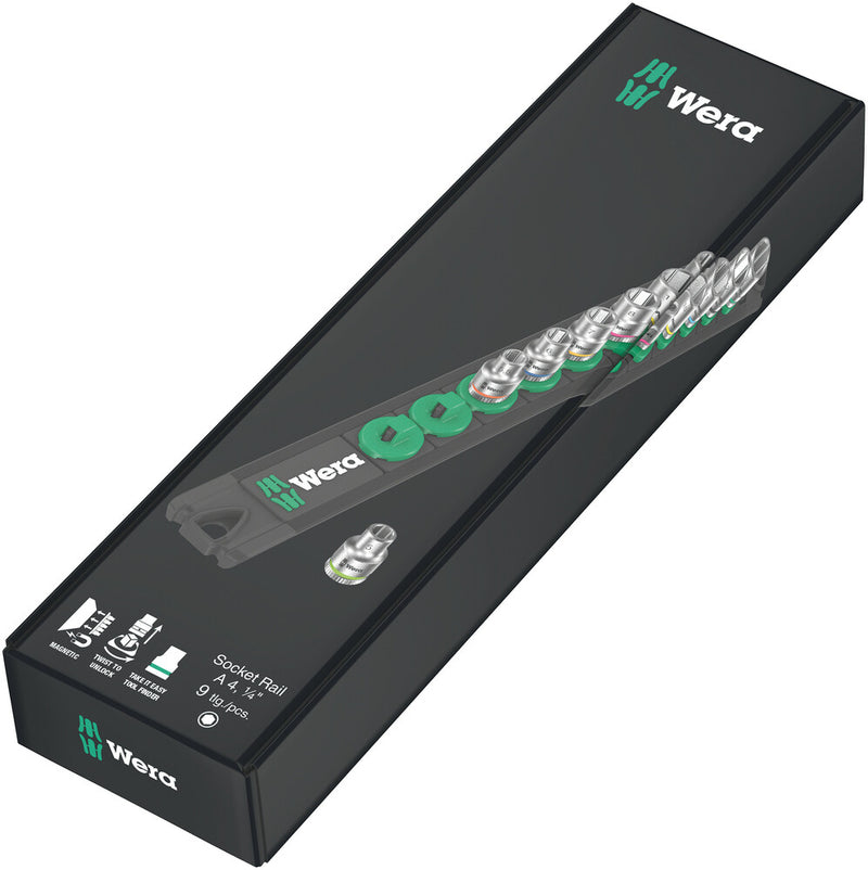 Wera 005400 9pc Magnetic socket Rail A 4 Zyklop Socket Set, 1/4"