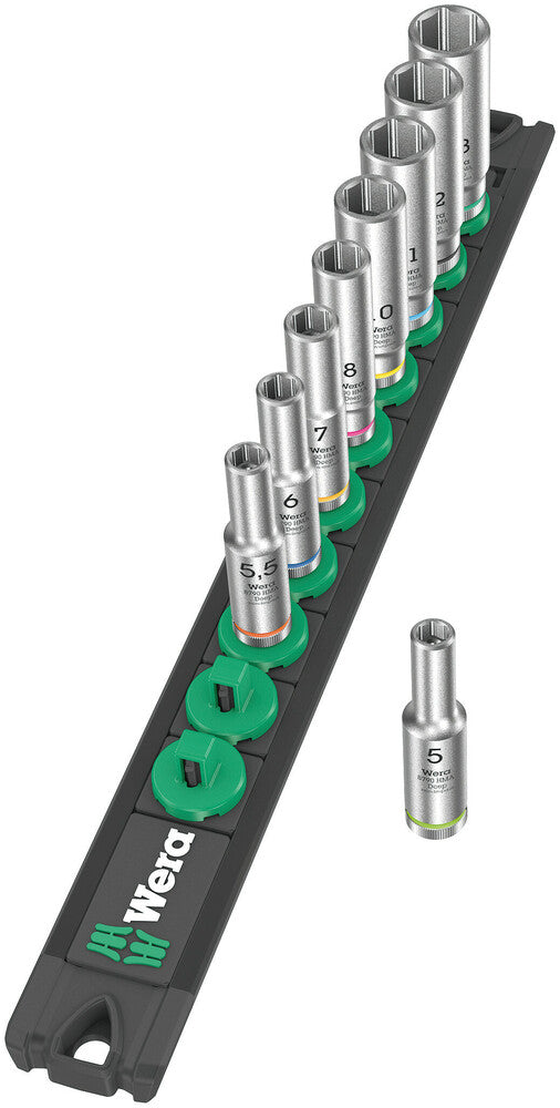 Wera 005410 9pc Magnetic socket rail A Deep 1 Socket Set, 1/4